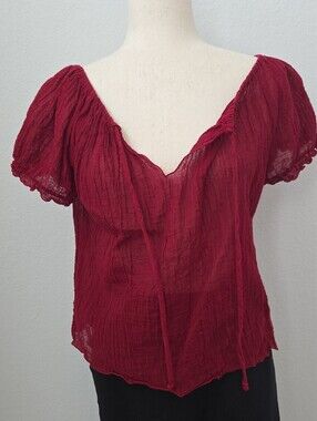 Y2K Women's Crinkled Guaze Peasant Blouse Red Renaissance Whimsy Fairycore